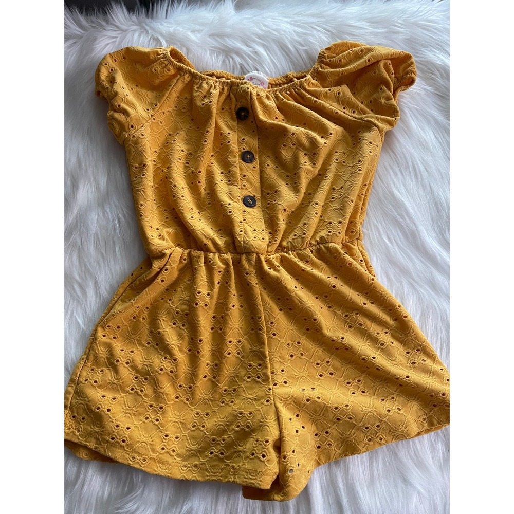 Heart & Arrow Girls Romper Mustard Yellow Eyelet Fabric Elastic Waist Size 6/6X